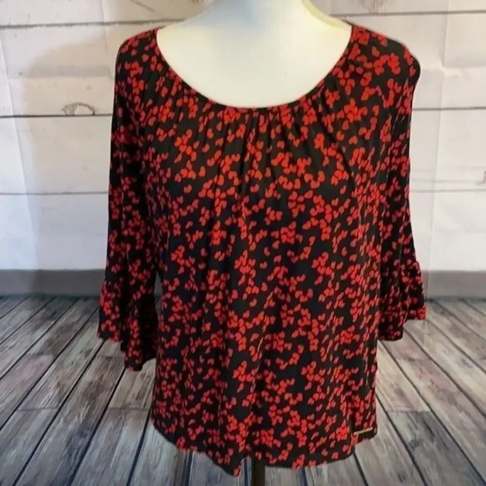Michael Kors Shirt Womens Large Black Red Hearts Ruffle‎ Sleeve Popover Romantic